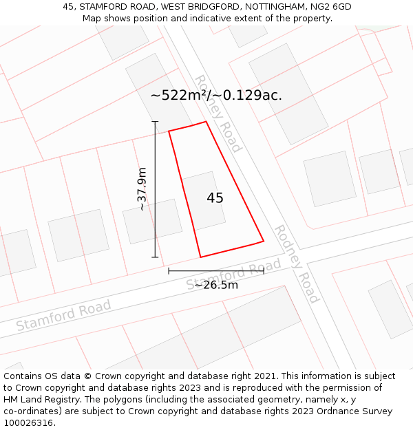 45, STAMFORD ROAD, WEST BRIDGFORD, NOTTINGHAM, NG2 6GD: Plot and title map