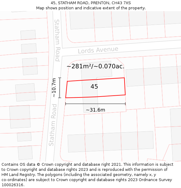 45, STATHAM ROAD, PRENTON, CH43 7XS: Plot and title map