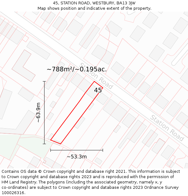 45, STATION ROAD, WESTBURY, BA13 3JW: Plot and title map