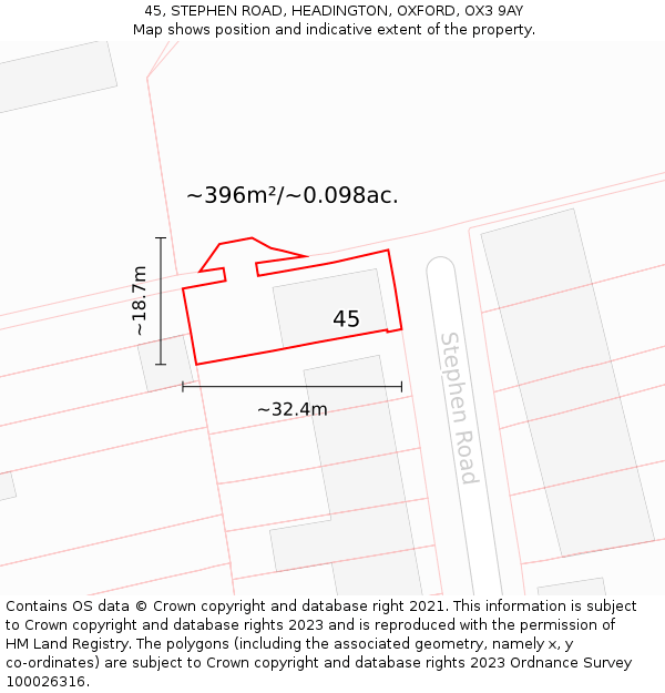 45, STEPHEN ROAD, HEADINGTON, OXFORD, OX3 9AY: Plot and title map