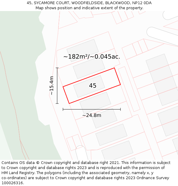 45, SYCAMORE COURT, WOODFIELDSIDE, BLACKWOOD, NP12 0DA: Plot and title map