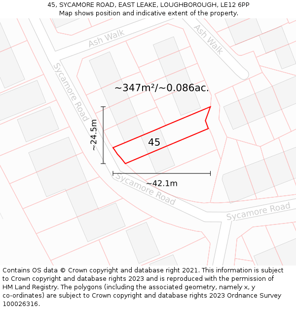 45, SYCAMORE ROAD, EAST LEAKE, LOUGHBOROUGH, LE12 6PP: Plot and title map