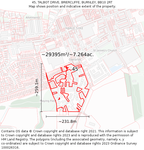 45, TALBOT DRIVE, BRIERCLIFFE, BURNLEY, BB10 2RT: Plot and title map