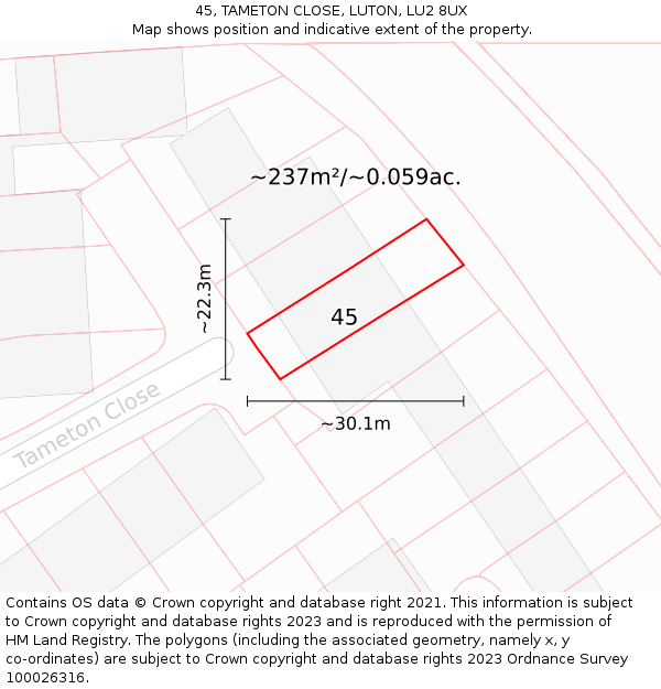 45, TAMETON CLOSE, LUTON, LU2 8UX: Plot and title map