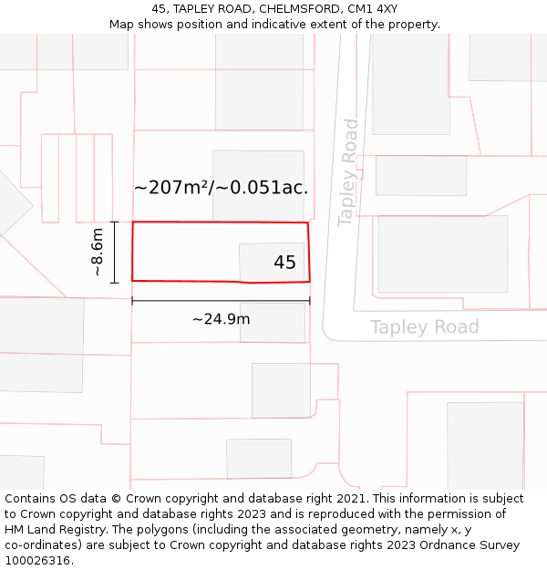 45, TAPLEY ROAD, CHELMSFORD, CM1 4XY: Plot and title map