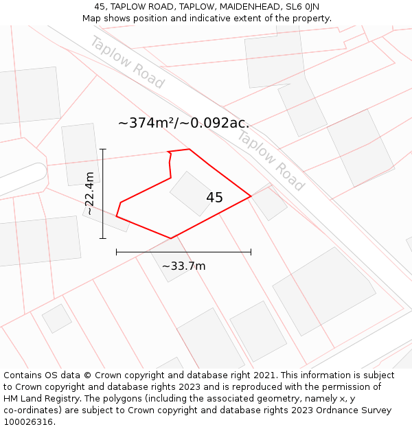 45, TAPLOW ROAD, TAPLOW, MAIDENHEAD, SL6 0JN: Plot and title map