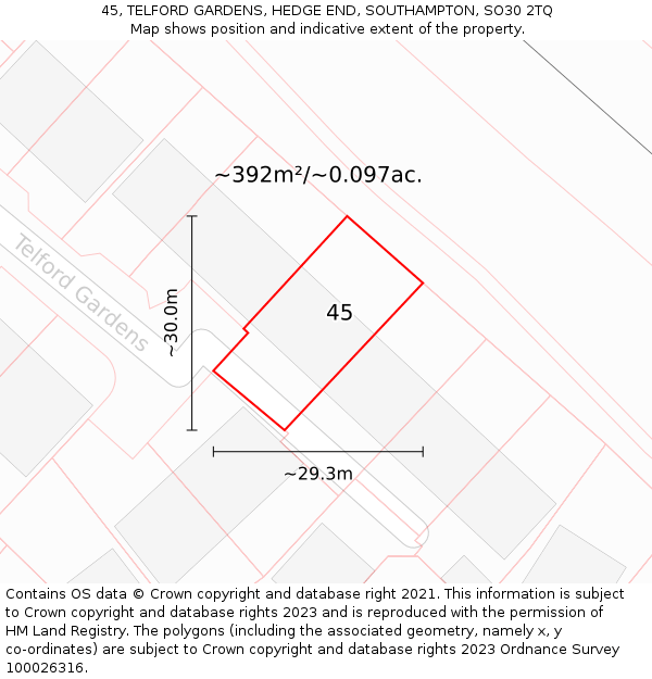 45, TELFORD GARDENS, HEDGE END, SOUTHAMPTON, SO30 2TQ: Plot and title map