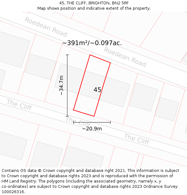 45, THE CLIFF, BRIGHTON, BN2 5RF: Plot and title map