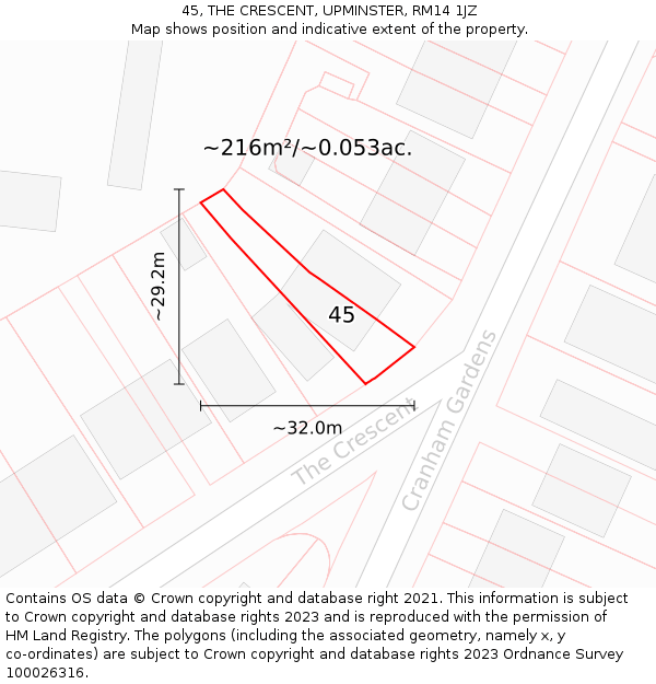 45, THE CRESCENT, UPMINSTER, RM14 1JZ: Plot and title map