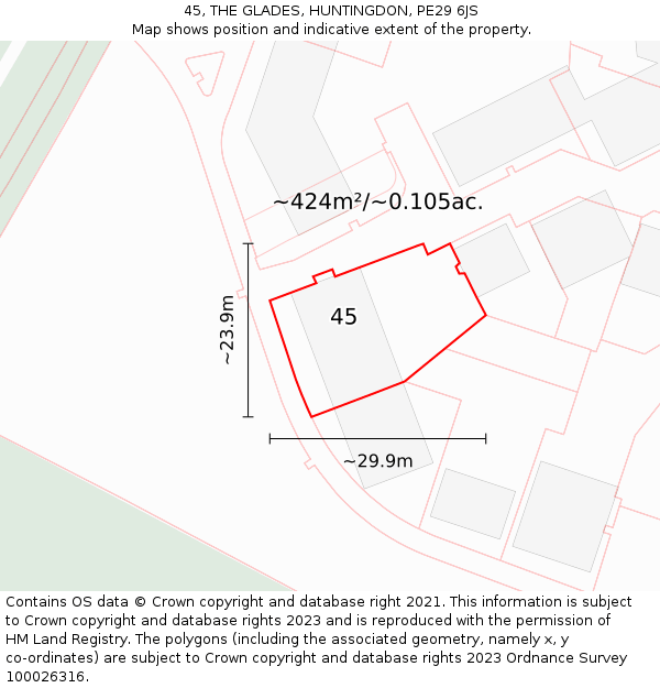 45, THE GLADES, HUNTINGDON, PE29 6JS: Plot and title map