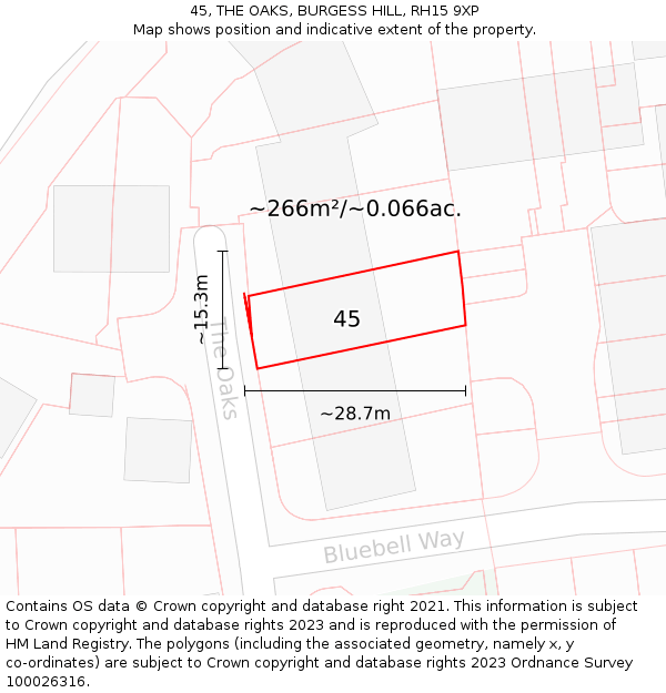 45, THE OAKS, BURGESS HILL, RH15 9XP: Plot and title map