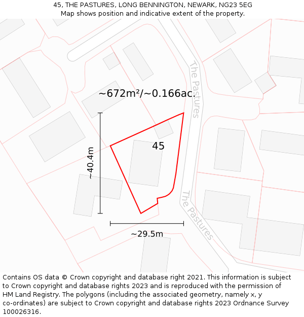 45, THE PASTURES, LONG BENNINGTON, NEWARK, NG23 5EG: Plot and title map