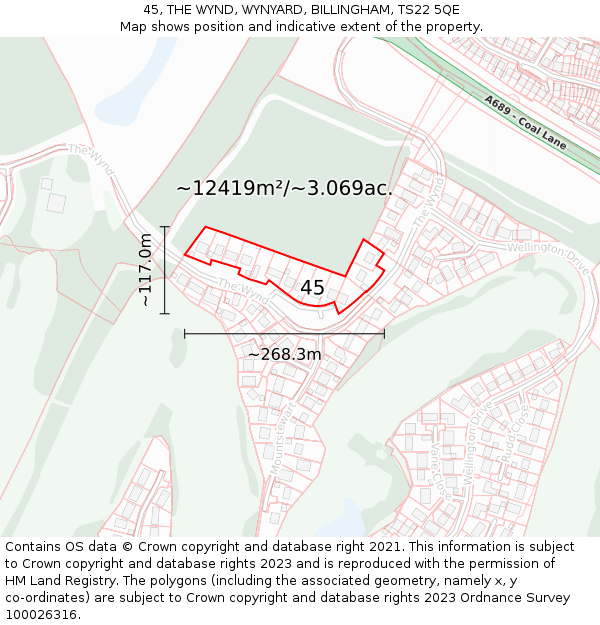 45, THE WYND, WYNYARD, BILLINGHAM, TS22 5QE: Plot and title map