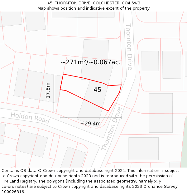 45, THORNTON DRIVE, COLCHESTER, CO4 5WB: Plot and title map