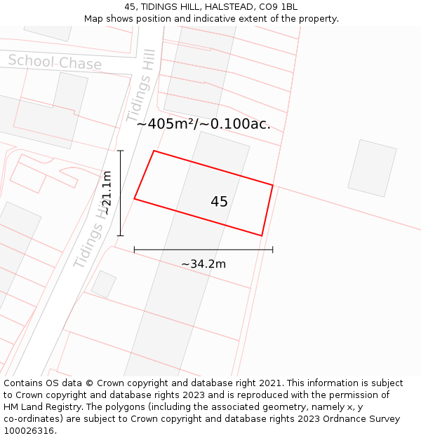 45, TIDINGS HILL, HALSTEAD, CO9 1BL: Plot and title map