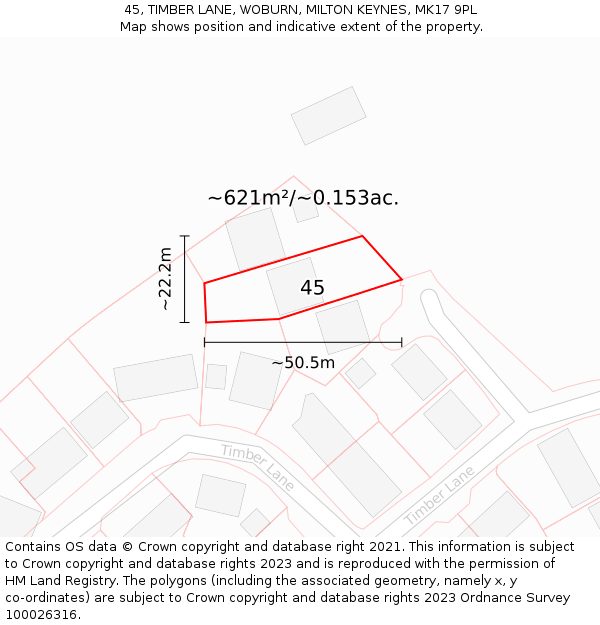 45, TIMBER LANE, WOBURN, MILTON KEYNES, MK17 9PL: Plot and title map