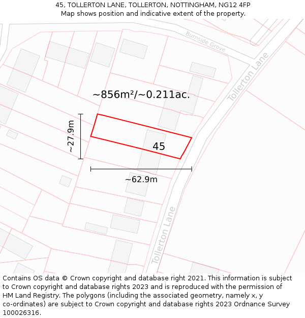 45, TOLLERTON LANE, TOLLERTON, NOTTINGHAM, NG12 4FP: Plot and title map