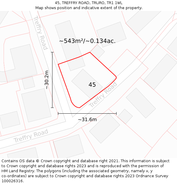 45, TREFFRY ROAD, TRURO, TR1 1WL: Plot and title map