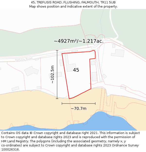 45, TREFUSIS ROAD, FLUSHING, FALMOUTH, TR11 5UB: Plot and title map