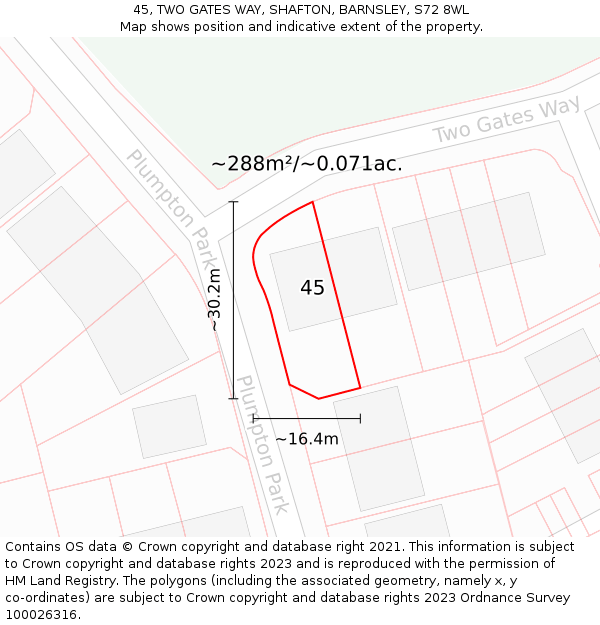 45, TWO GATES WAY, SHAFTON, BARNSLEY, S72 8WL: Plot and title map