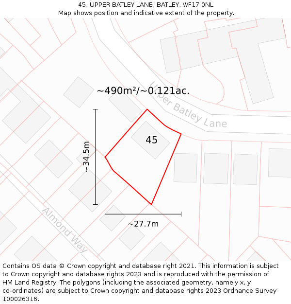 45, UPPER BATLEY LANE, BATLEY, WF17 0NL: Plot and title map