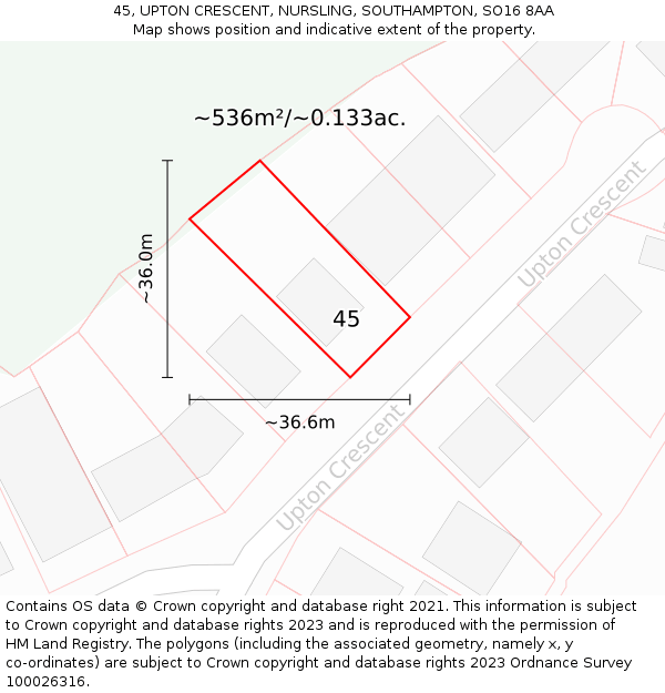 45, UPTON CRESCENT, NURSLING, SOUTHAMPTON, SO16 8AA: Plot and title map