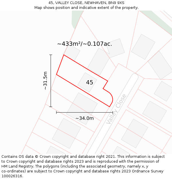 45, VALLEY CLOSE, NEWHAVEN, BN9 9XS: Plot and title map