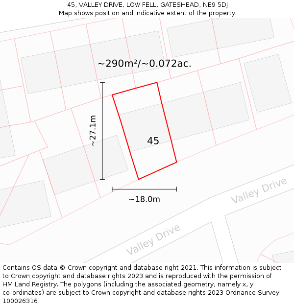 45, VALLEY DRIVE, LOW FELL, GATESHEAD, NE9 5DJ: Plot and title map