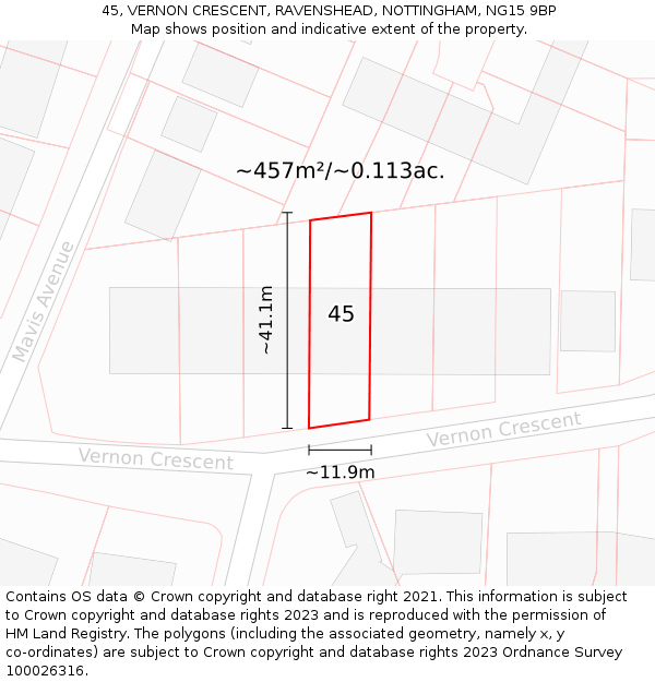 45, VERNON CRESCENT, RAVENSHEAD, NOTTINGHAM, NG15 9BP: Plot and title map