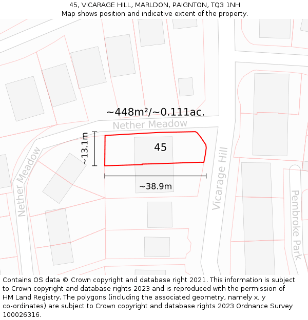 45, VICARAGE HILL, MARLDON, PAIGNTON, TQ3 1NH: Plot and title map
