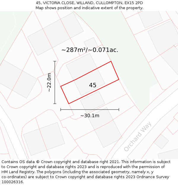 45, VICTORIA CLOSE, WILLAND, CULLOMPTON, EX15 2PD: Plot and title map