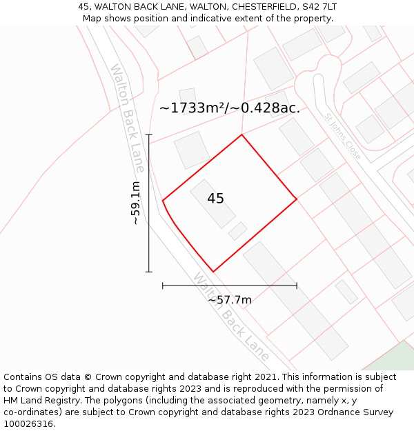 45, WALTON BACK LANE, WALTON, CHESTERFIELD, S42 7LT: Plot and title map