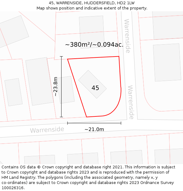 45, WARRENSIDE, HUDDERSFIELD, HD2 1LW: Plot and title map