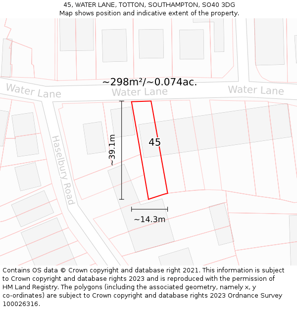 45, WATER LANE, TOTTON, SOUTHAMPTON, SO40 3DG: Plot and title map