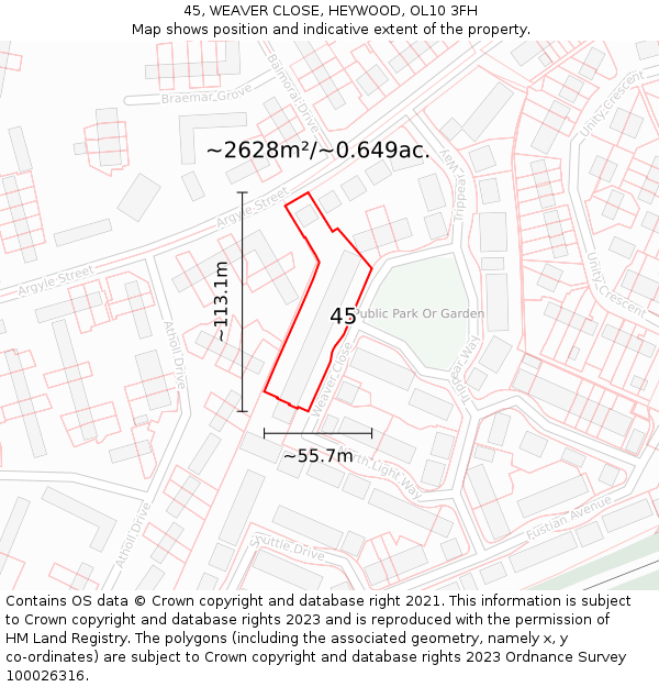 45, WEAVER CLOSE, HEYWOOD, OL10 3FH: Plot and title map