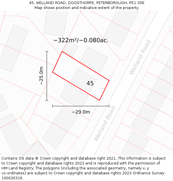 45, WELLAND ROAD, DOGSTHORPE, PETERBOROUGH, PE1 3SE: Plot and title map