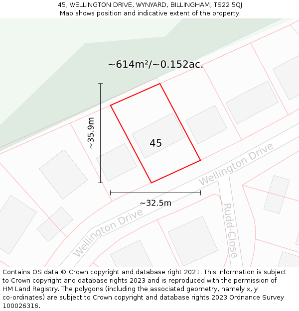 45, WELLINGTON DRIVE, WYNYARD, BILLINGHAM, TS22 5QJ: Plot and title map