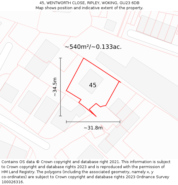 45, WENTWORTH CLOSE, RIPLEY, WOKING, GU23 6DB: Plot and title map