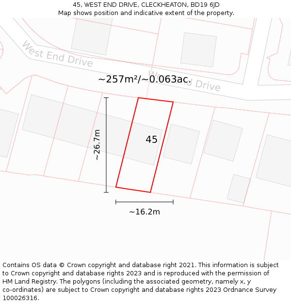 45, WEST END DRIVE, CLECKHEATON, BD19 6JD: Plot and title map
