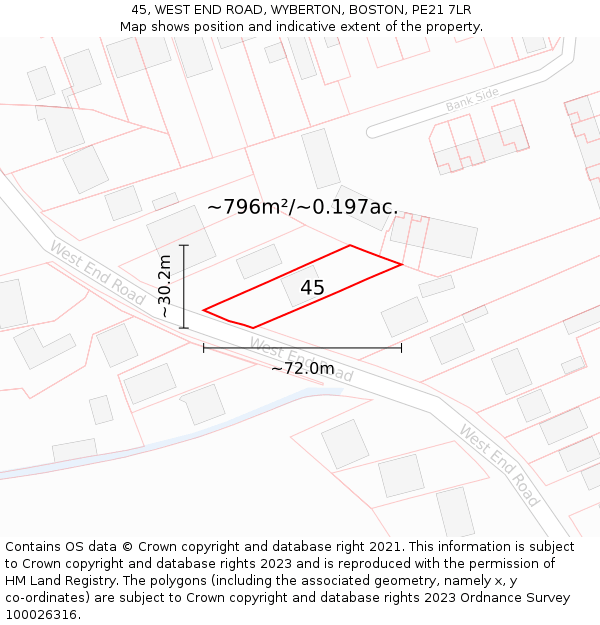 45, WEST END ROAD, WYBERTON, BOSTON, PE21 7LR: Plot and title map