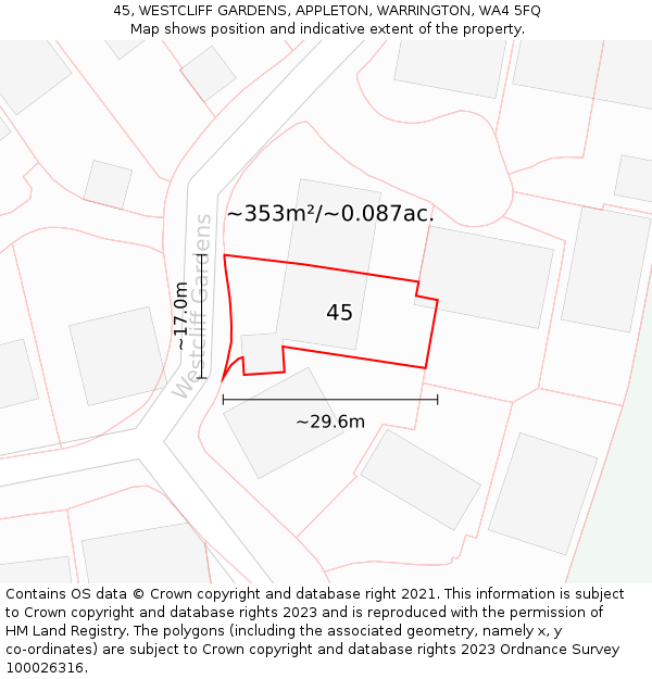 45, WESTCLIFF GARDENS, APPLETON, WARRINGTON, WA4 5FQ: Plot and title map