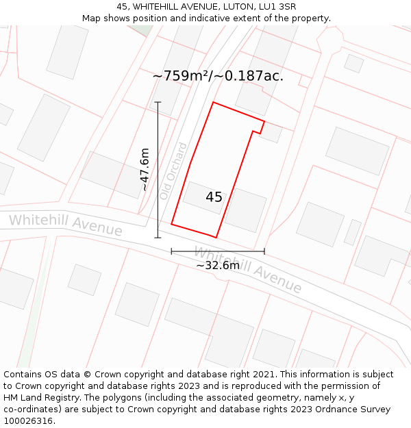 45, WHITEHILL AVENUE, LUTON, LU1 3SR: Plot and title map