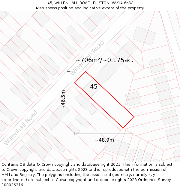 45, WILLENHALL ROAD, BILSTON, WV14 6NW: Plot and title map