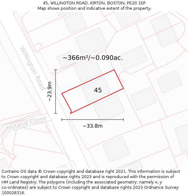 45, WILLINGTON ROAD, KIRTON, BOSTON, PE20 1EP: Plot and title map