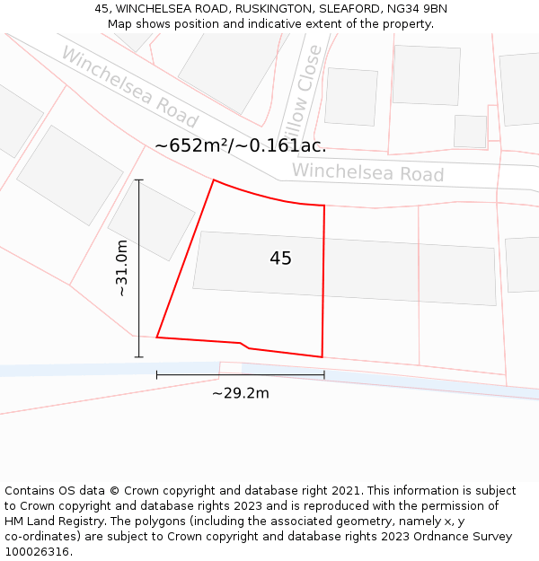 45, WINCHELSEA ROAD, RUSKINGTON, SLEAFORD, NG34 9BN: Plot and title map