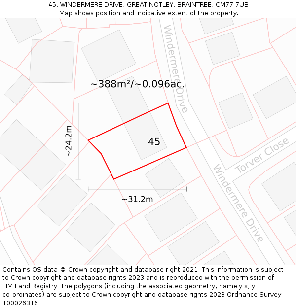 45, WINDERMERE DRIVE, GREAT NOTLEY, BRAINTREE, CM77 7UB: Plot and title map