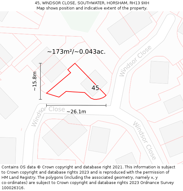 45, WINDSOR CLOSE, SOUTHWATER, HORSHAM, RH13 9XH: Plot and title map