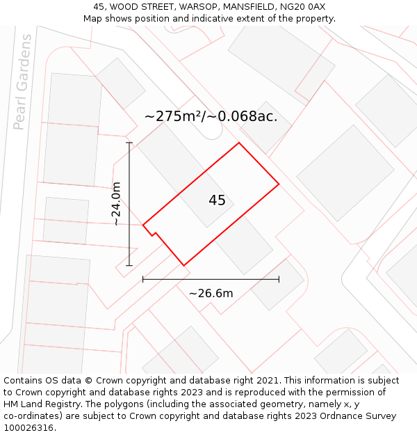 45, WOOD STREET, WARSOP, MANSFIELD, NG20 0AX: Plot and title map