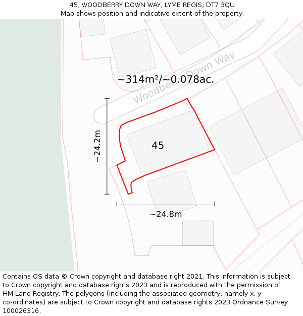 45, WOODBERRY DOWN WAY, LYME REGIS, DT7 3QU: Plot and title map