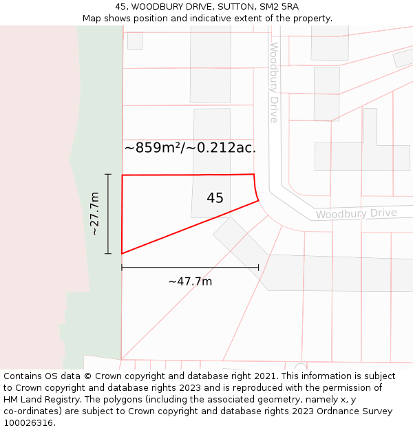 45, WOODBURY DRIVE, SUTTON, SM2 5RA: Plot and title map